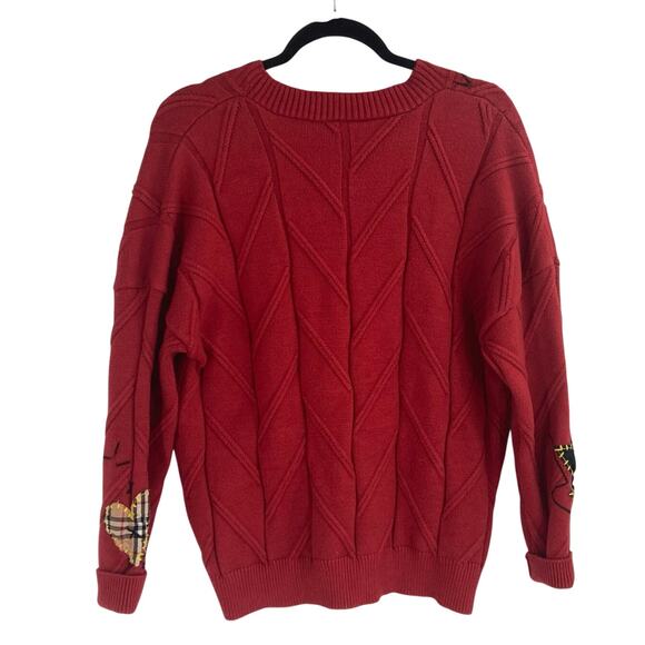 Embroidered Cable Knit Red Patchwork Chunky Cardigan 90s Sporty Grandpa Large - Picture 4 of 15